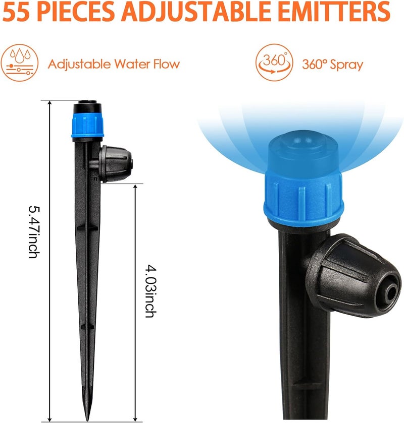 Gardrip 55 Pieces Drip Emitters Fan Shape with Stake for 1/4" Irrigation Tubing: Adjustable 360 Degree Water Flow Irrigation Universal Vortex Sprayer On 5" Stake Drip Pipe Sprinklers Fittings - Image 2